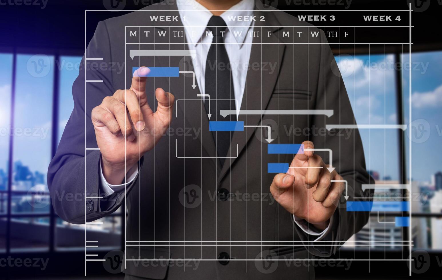 gerente de proyecto trabajando y actualizando tareas con hitos de planificación de progreso y diagrama de programación de diagramas de gantt. trabajo de negocios foto