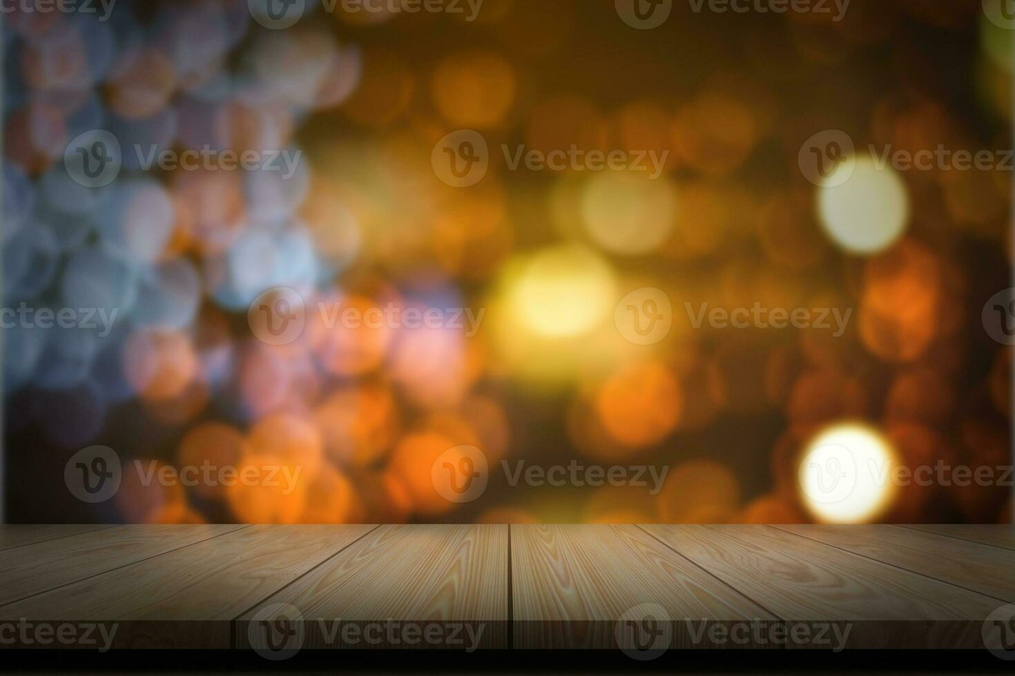 Empty wooden table with abstract blurred bokeh lights background for product display. photo