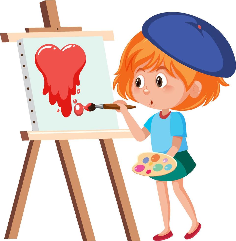 una niña pintando un corazón rojo en un lienzo vector
