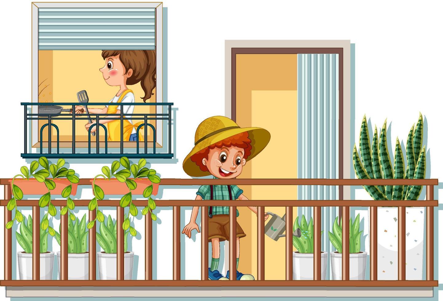 Balcony with a boy watering plant vector