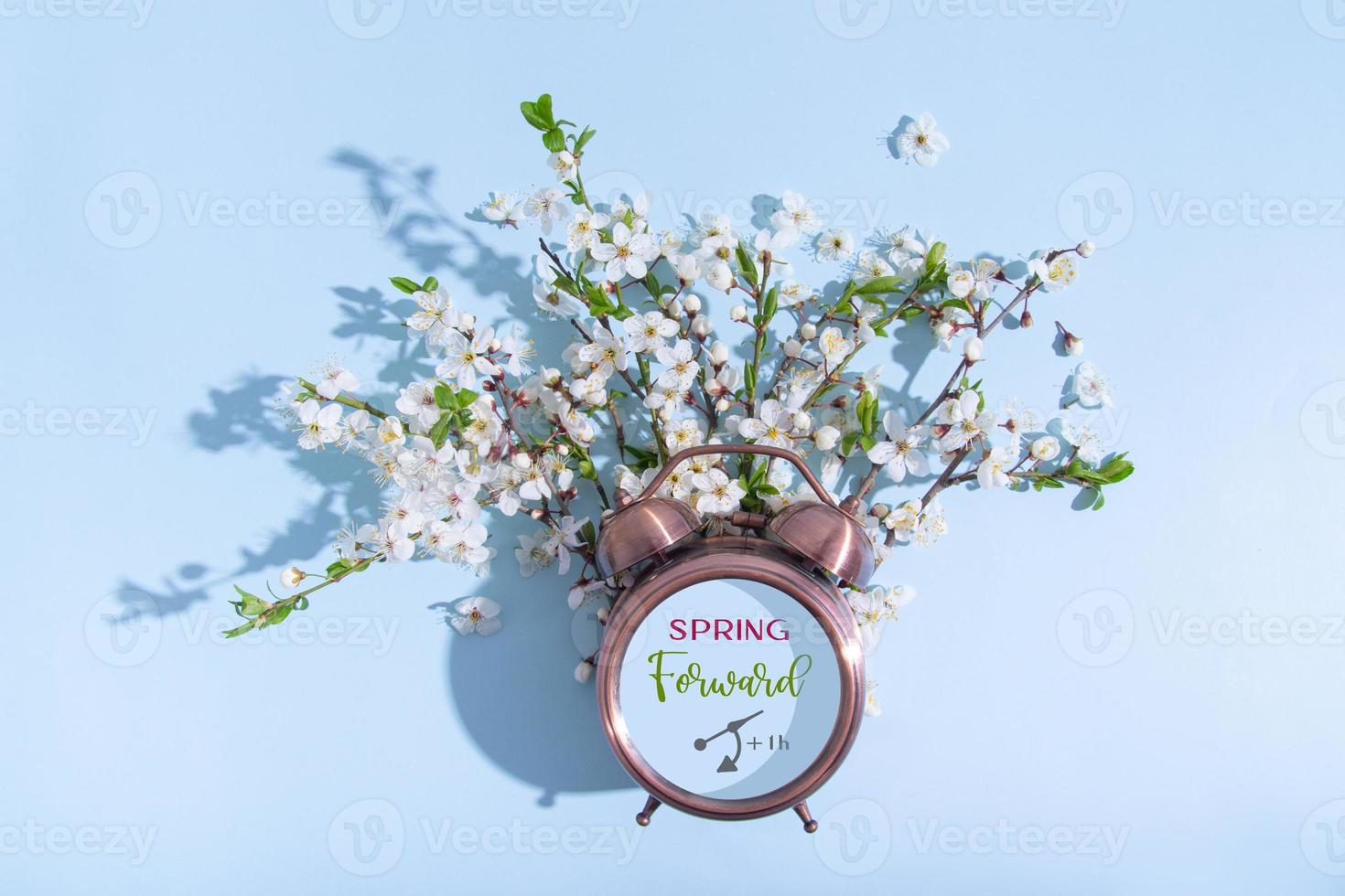 Spring forward text on alarm clock with instruction and blossom branches on a blue background. Flat lay, top view composition photo