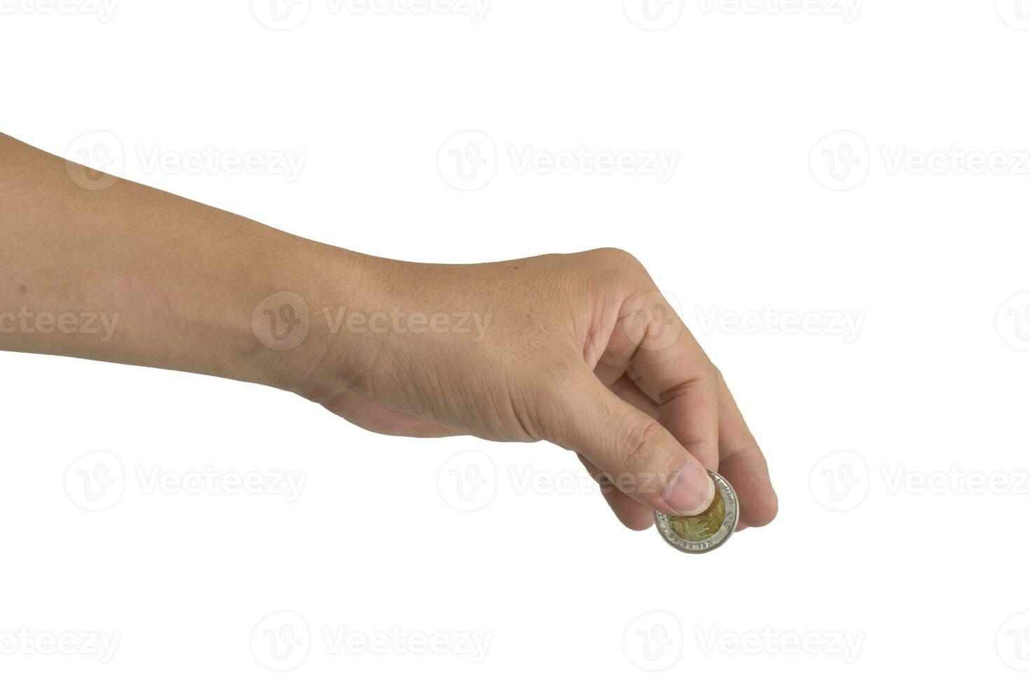 Male hand with coin isolated on white background. with clipping path photo