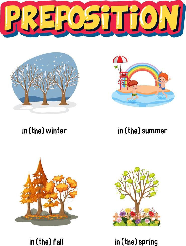 Prepostion wordcard design with different seasons vector