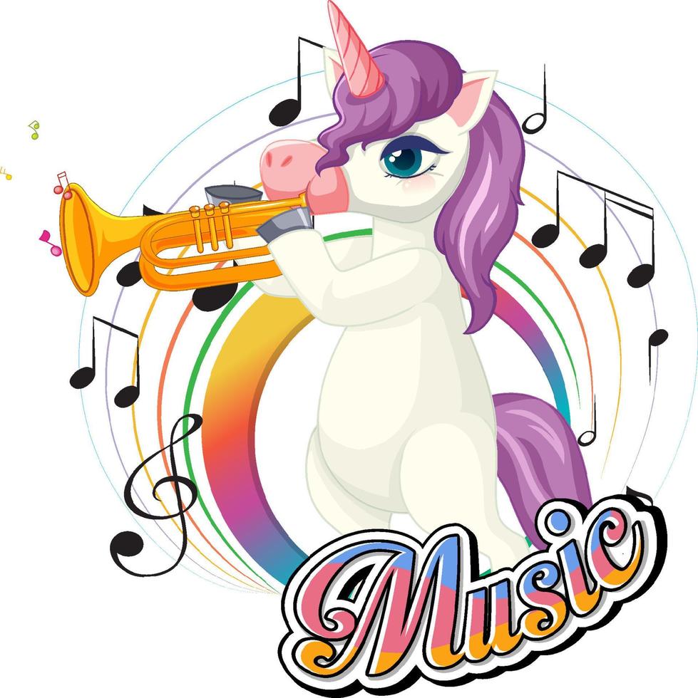 Cute purple unicorn blowing trumpet with music notes on white background vector