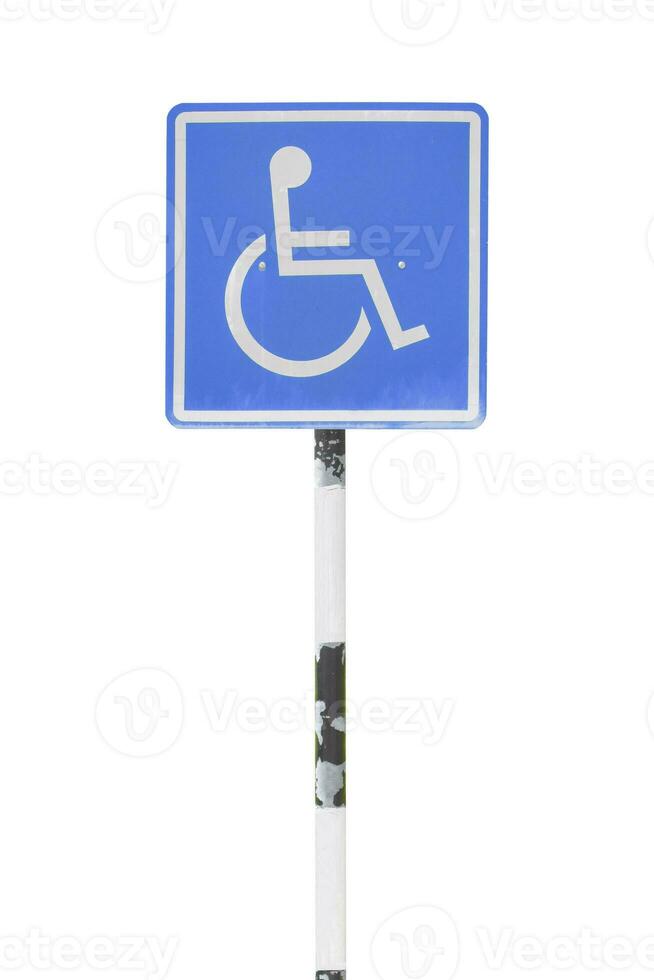 Blue handicapped sign parking spot. Disabled parking permit sign on pole isolated on white background. Object with clipping path photo