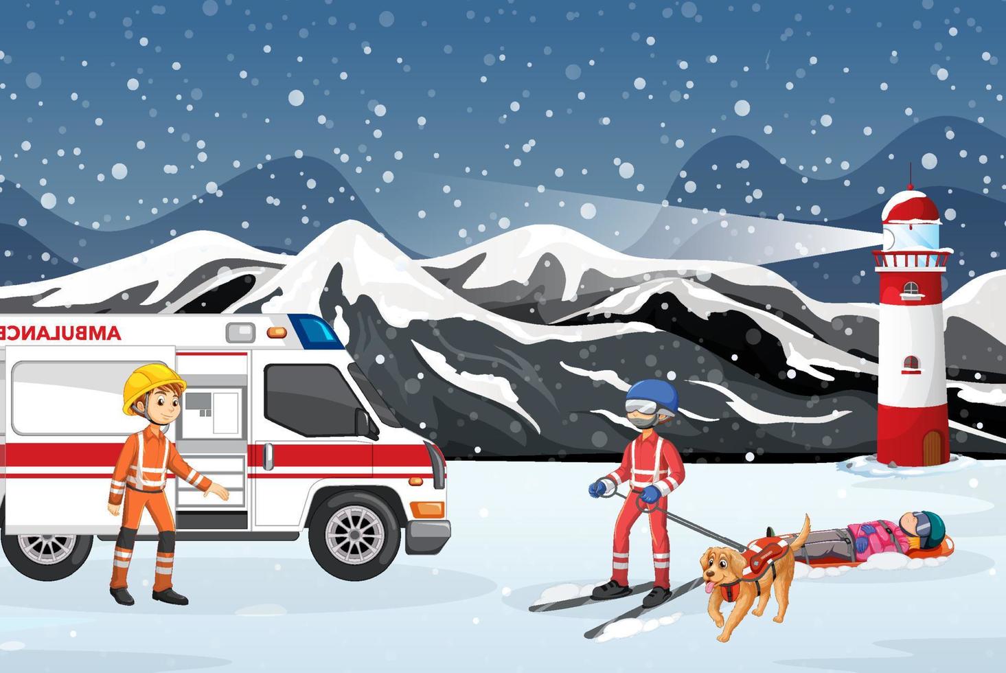 escena de nieve con rescate de bomberos en estilo de dibujos animados vector