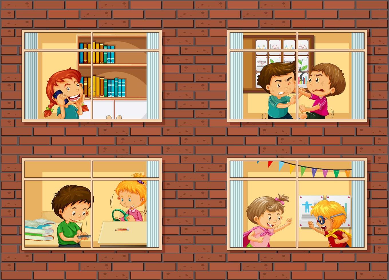 ventanas de apartamentos con personajes de dibujos animados de vecinos vector