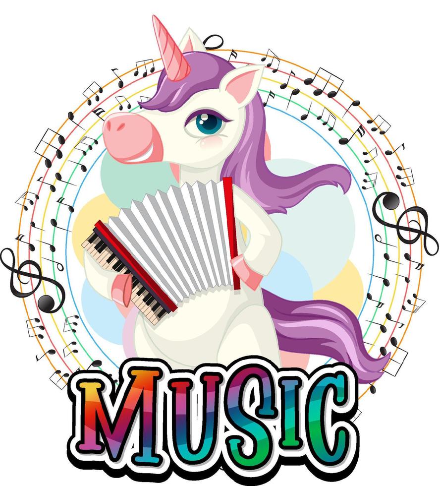 lindo unicornio morado tocando acordeón con notas musicales sobre fondo blanco vector