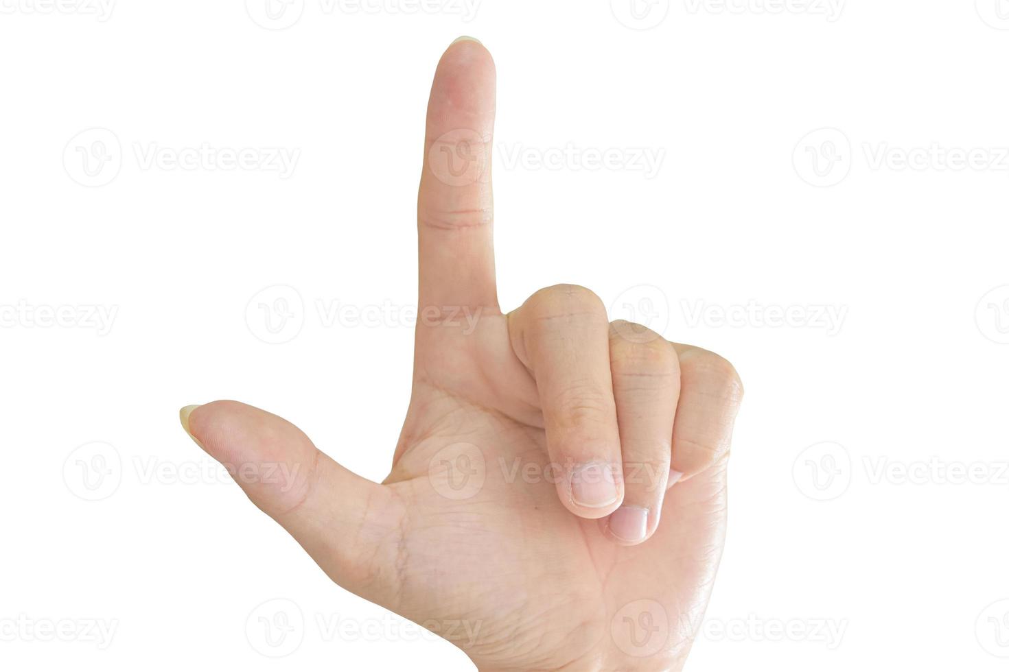 Close-up of hand pointing isolated on white background with clipping path. photo