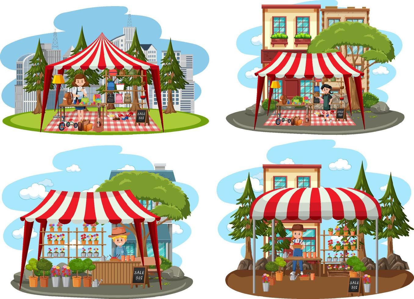 Flea market concept with set of different stores vector