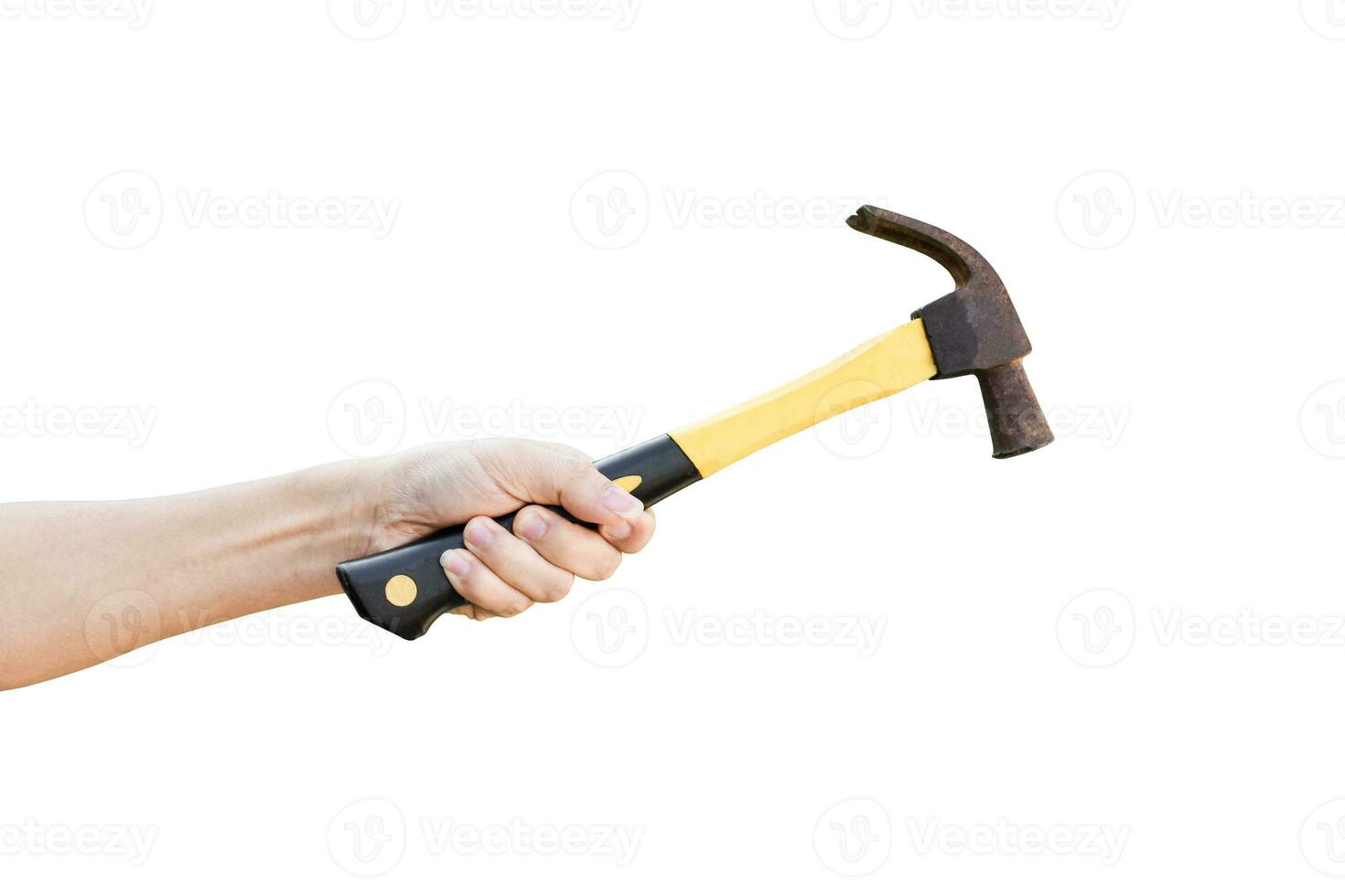 hand holding old rusty hammer isolated on white background, with clipping path photo