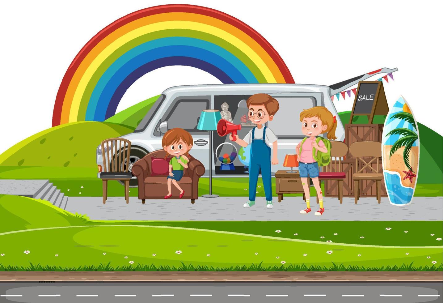 Outdoor scene with car boot sale and cartoon character 6275663 Vector Art at Vecteezy Outdoor scene with car boot sale and cartoon character 6275663 Vector Art at Vecteezy