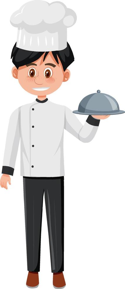 A chef holding food cartoon character on white background vector