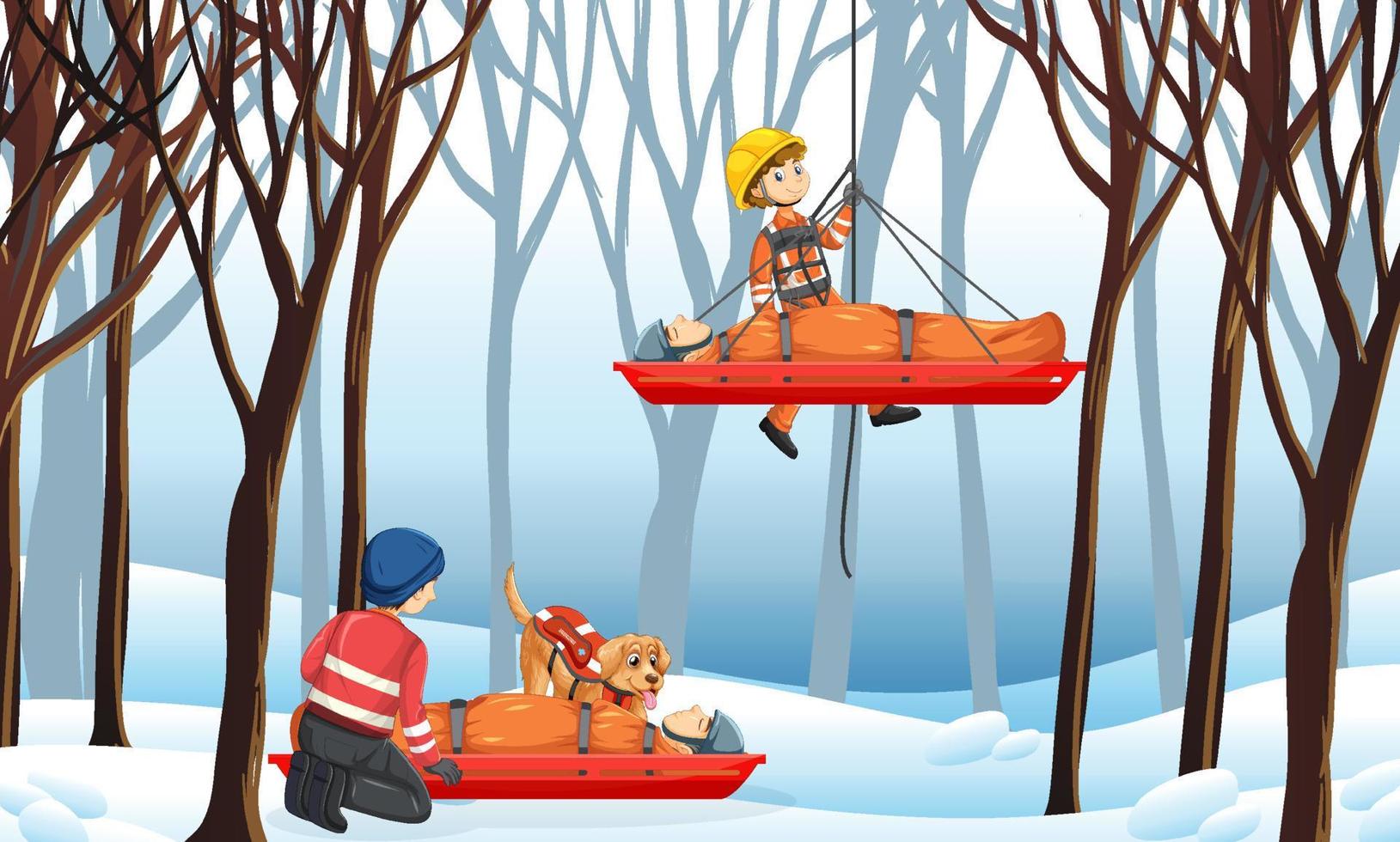 escena del bosque de nieve con rescate de bomberos en estilo de dibujos animados vector