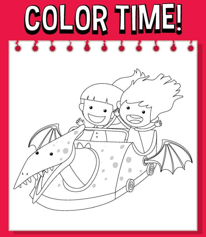 Worksheets template with color time text and kids with plane roller coaster outline vector