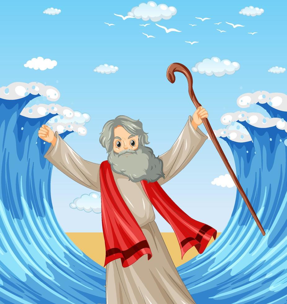 Moses cartoon character with red sea background vector