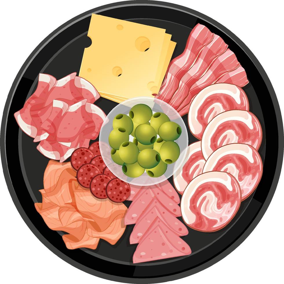 Top view food, coldcut with black plate on white background vector