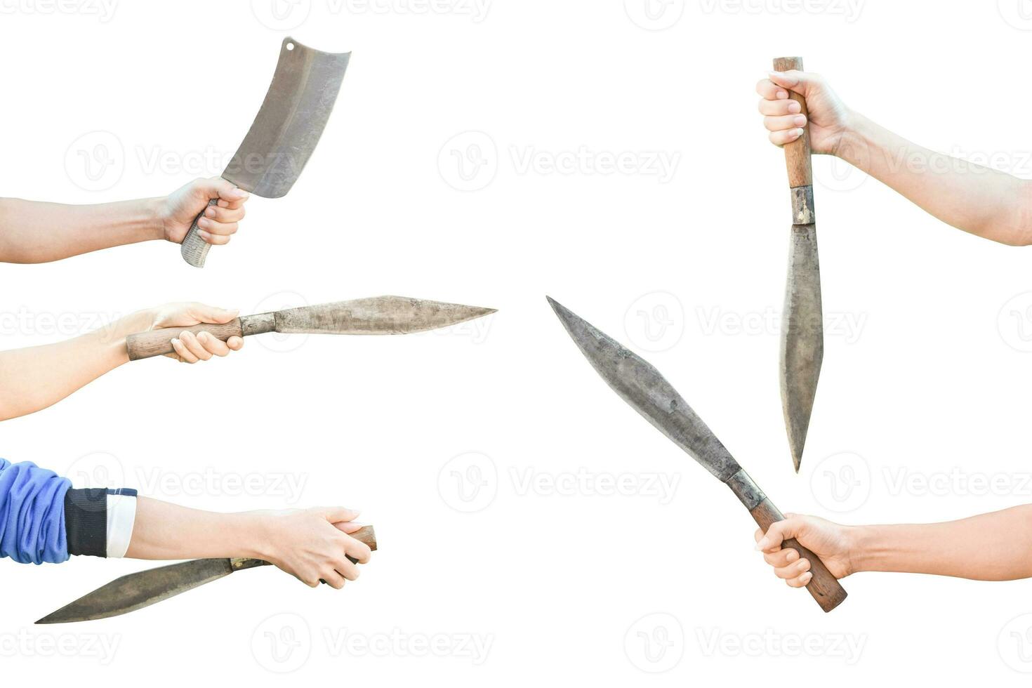 Set of hand holding big knife isolated on white background with clipping path. photo