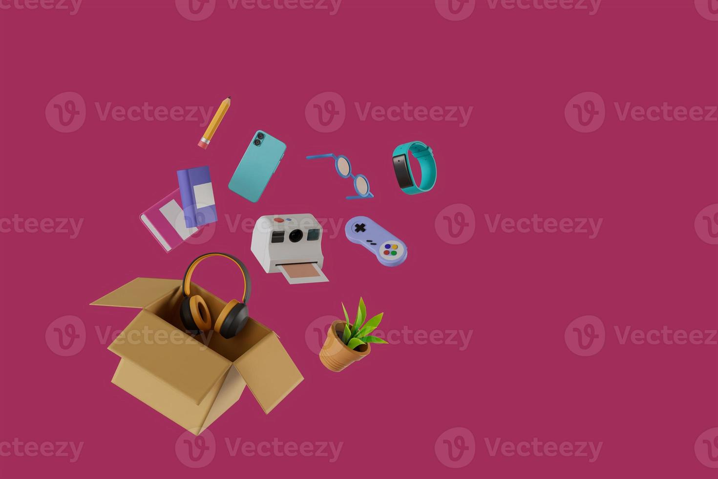 box with scattered goods , headphones , plant pot , polaroid camera , gamepad , smart watch , glasses , smartphone , book , pencil , notebook on purple background , 3d render illustration photo