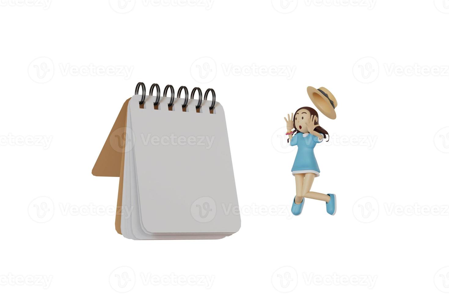 chica con sombrero y camisa azul de gran tamaño, linda sonrisa, conmocionada, sorprendida, cuaderno, fecha, calendario saltando sobre fondo blanco, ilustración de renderizado 3d. foto