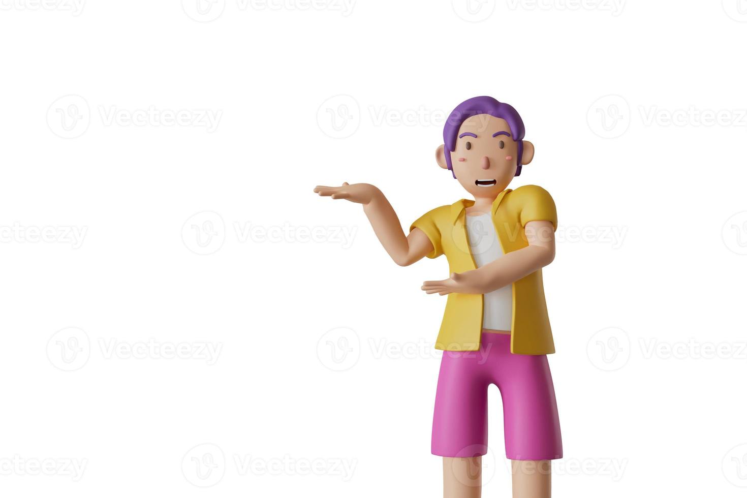 Man in yellow shirt, purple pants, spreading his left hand to merchandise, advertisement, present, banner, blank, white background. 3D render illustration photo