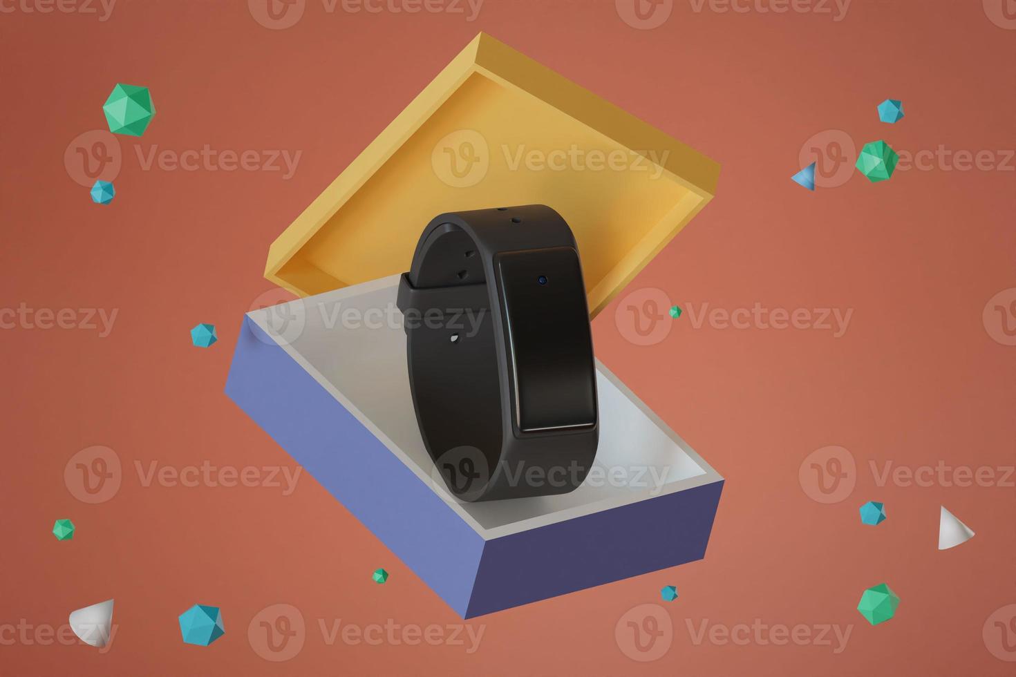 smart watch in blue box orange background with floating icons , purple shoes on a pink or purple background , shoe box, icons set at different angles, 3d render illustration photo