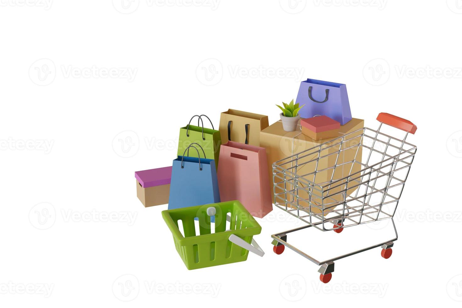 shopping bags, parcel boxes, carts, plant pots, balloons, labels on white. 3d render illustration photo