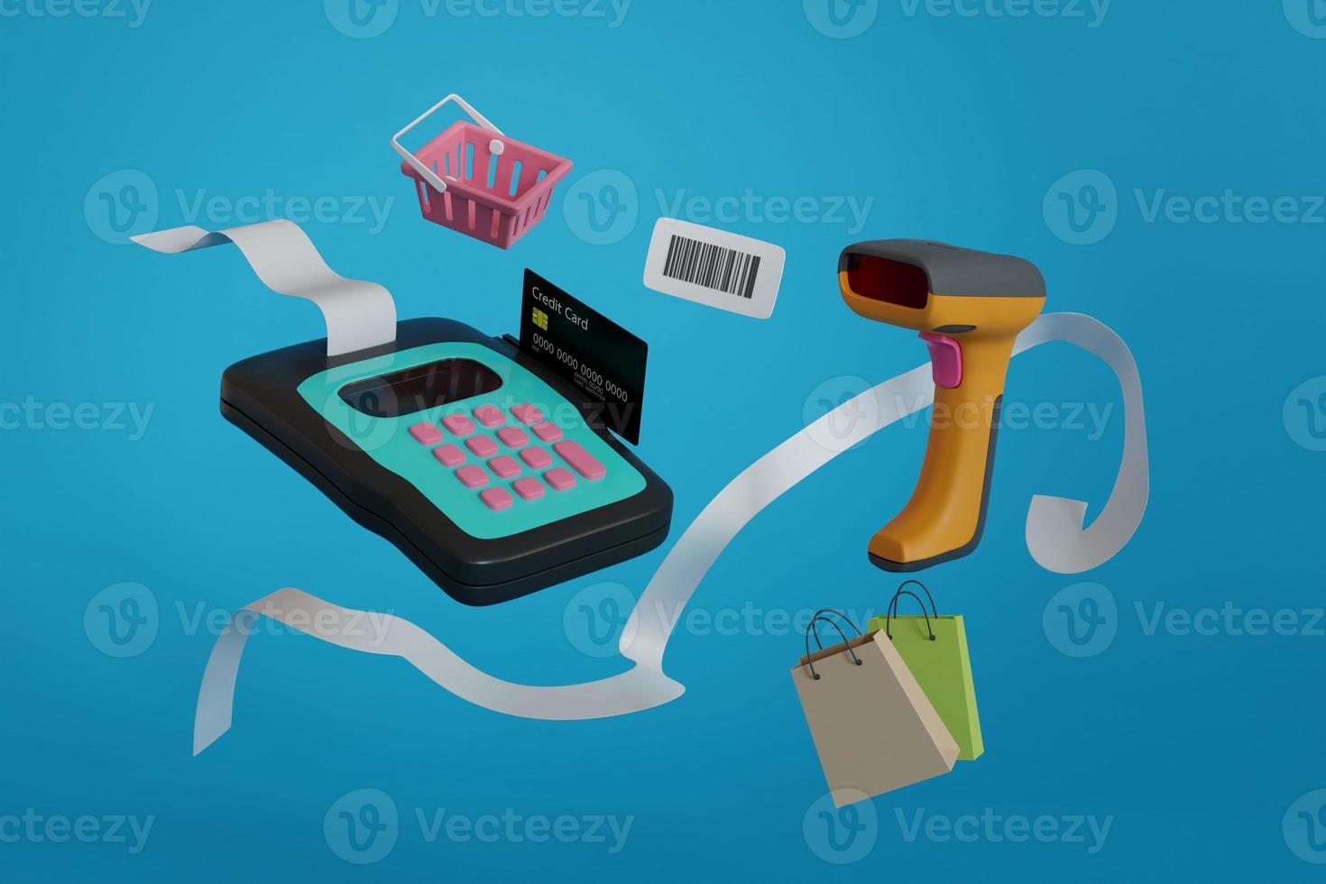 card swipe machine , payment , bar code gun , bill , barcode , shopping bag , pink basket , credit card , 3d render illustration photo