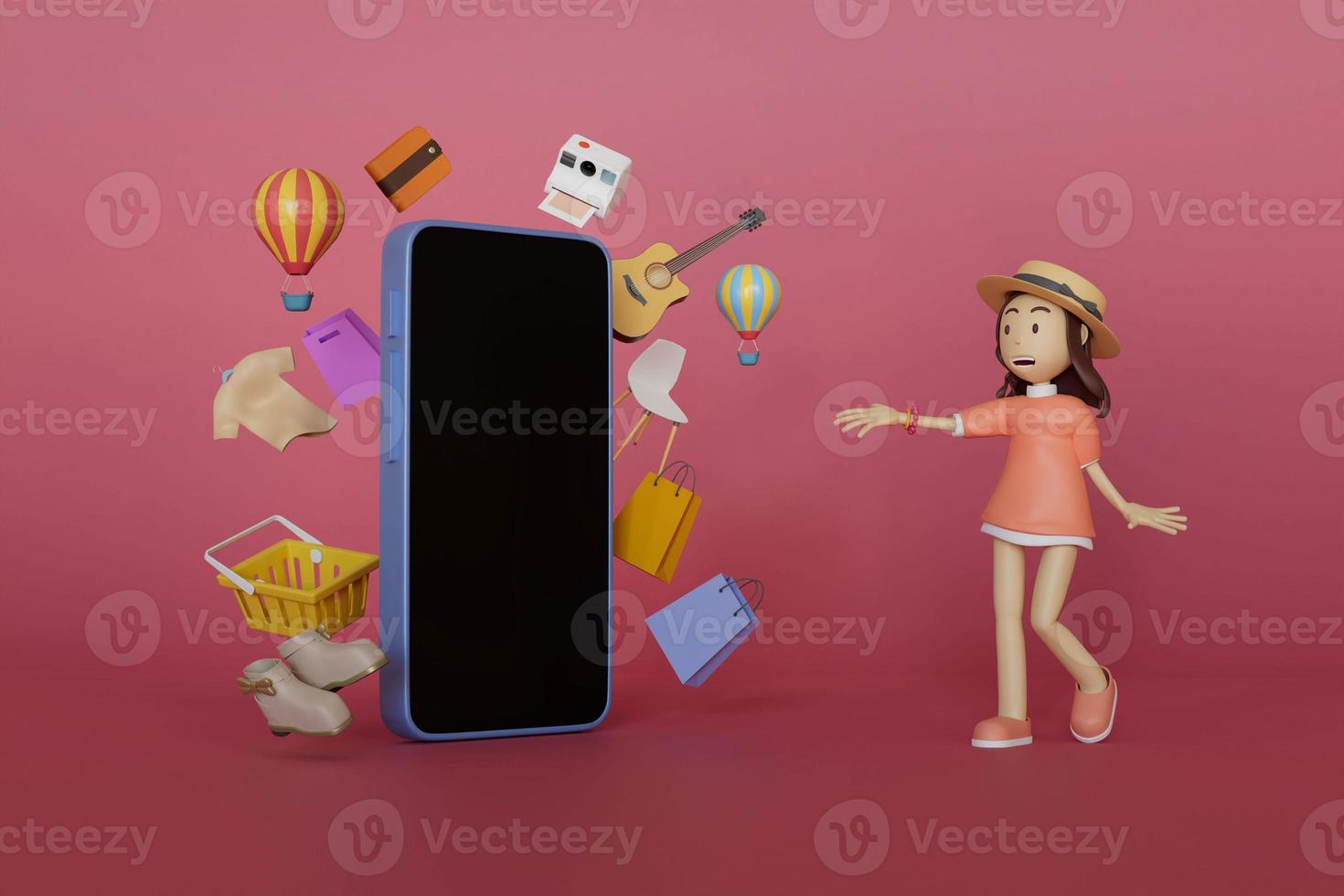 Portrait girl wearing a hat and a pink oversized shirt, spreading mobile phone screen blank and many items, gamepad, guitar, shopping bag, polaroid camera on a pink backdrop. 3d render illustration photo