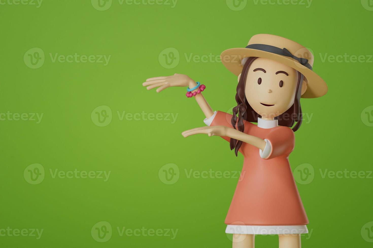 Portrait girl wearing a hat and big pink shirt waving product presentation banner ad on green background , 3d render illustration photo