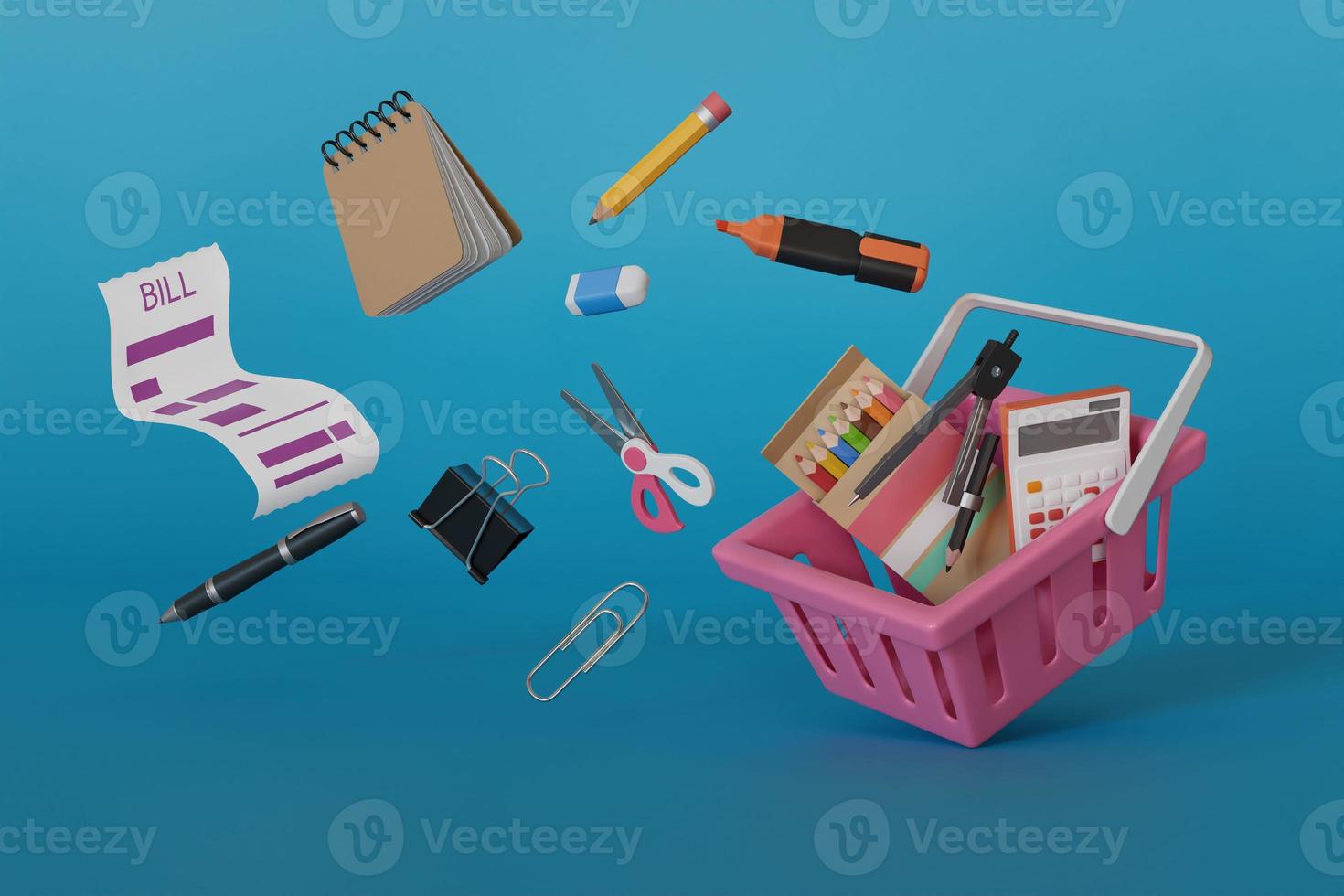 Shopping basket, scattered items, stationery,  bills , marker pen , on a blue background, 3d render illustration photo