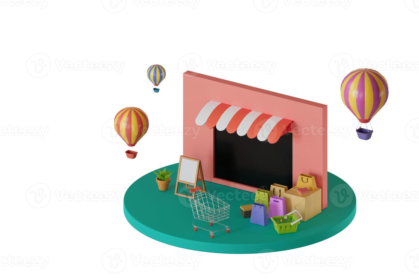 store scene , with shopping bags, parcel boxes, carts, plant pots, balloons, shopping cart, labels ,on white. 3d render illustration photo