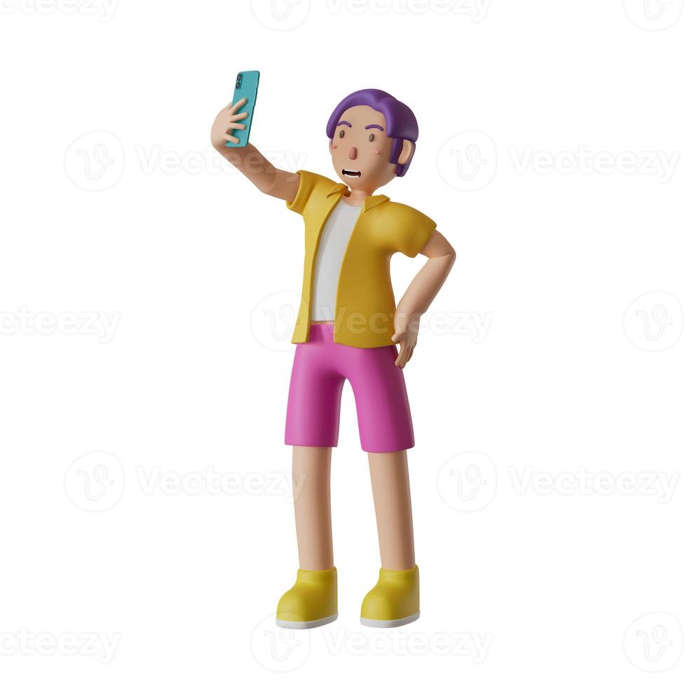 Man in yellow shirt, purple pants, taking a selfie or taking a photo on a white background, 3D rendering illustration