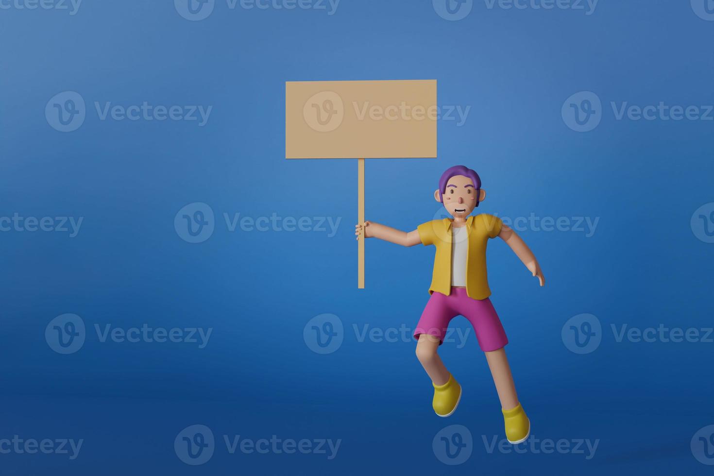 man in yellow shirt holding a blank billboard present banner on blue background 3D rendering illustration photo