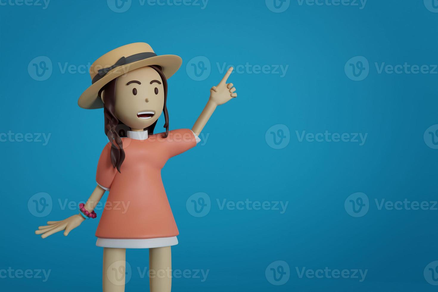 Portrait girl wearing a hat and a big pink shirt Pointing to the top right, smiling, presenting a product, banner, on a blue backdrop.3d render illustration photo