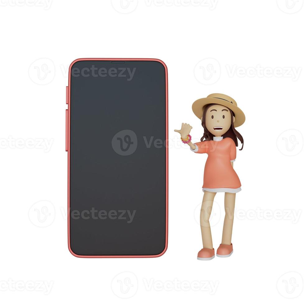 Girl wearing pink oversized hat and shirt. Cute smile. Finger pointing at blank smartphone screen. Presenting advertisement, product, shopping. 3D rendering illustration. photo