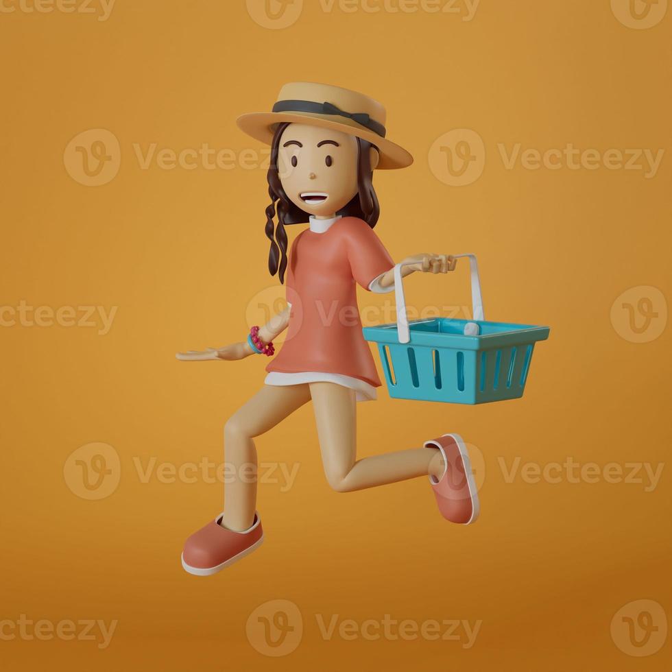 Portrait girl wearing a hat and pink oversized shirt cute smile in the middle orange background holding a shopping cart 3d illustration photo