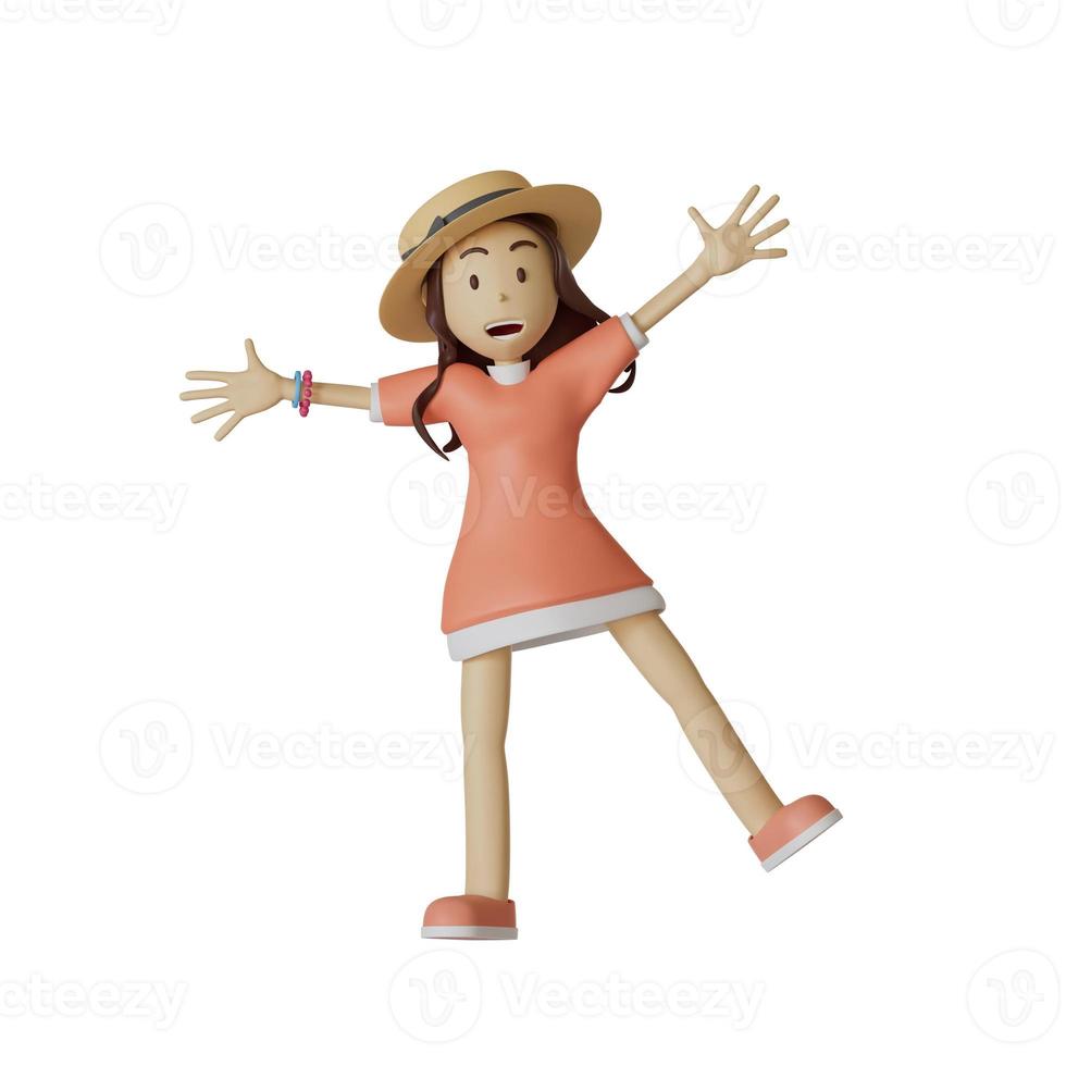 girl wearing a hat and a pink oversized shirt. .Jump in the middle of the picture. Happy, smiling, cute. On a white background .3d rendering illustration. photo
