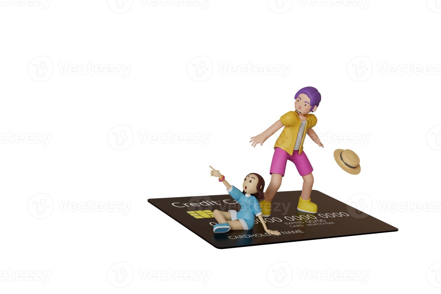 girl and man sit on credit card, shopping , on white background. 3d render illustration photo