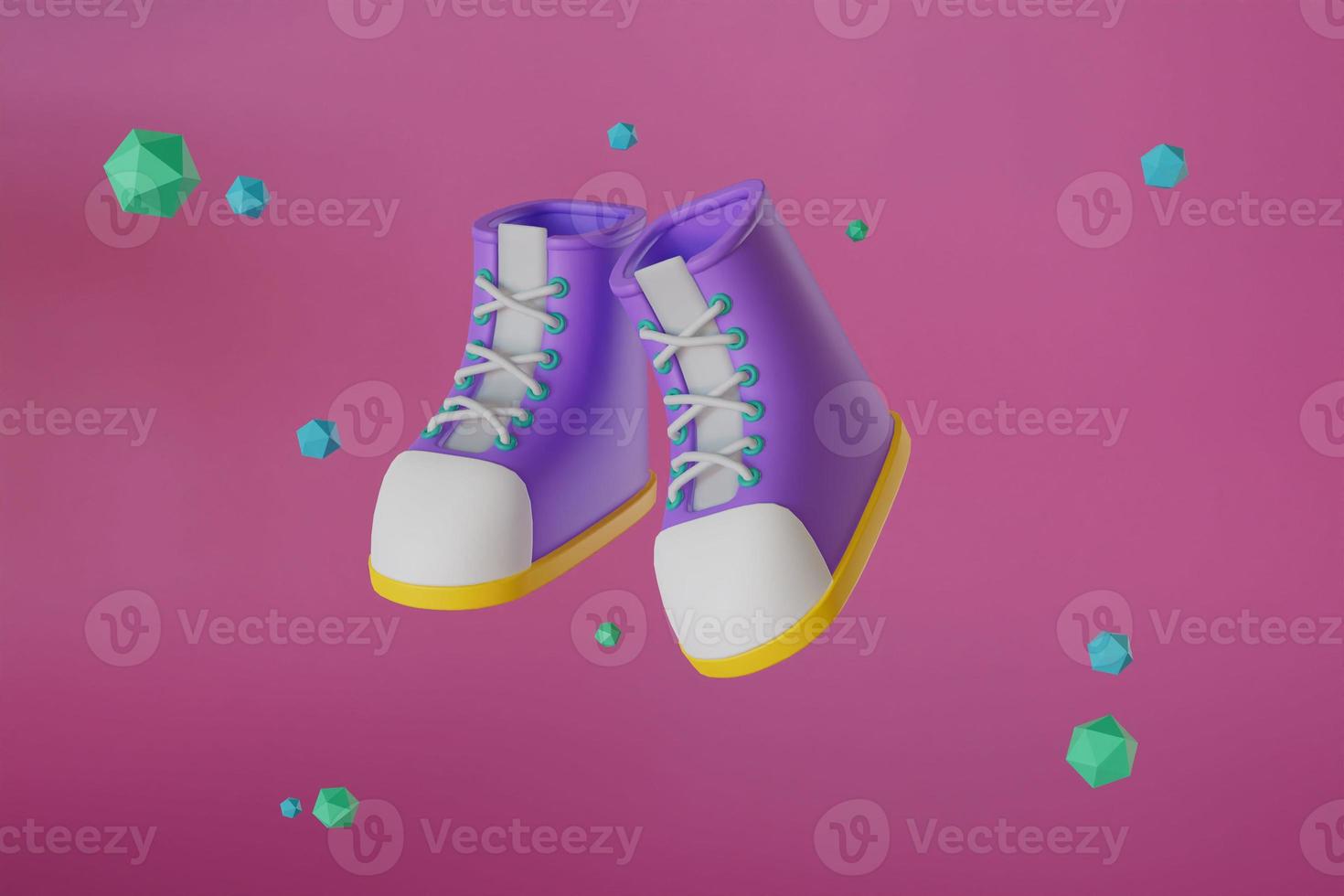 purple shoes On a pink or purple background, icons set up in different corners, 3d render illustration photo