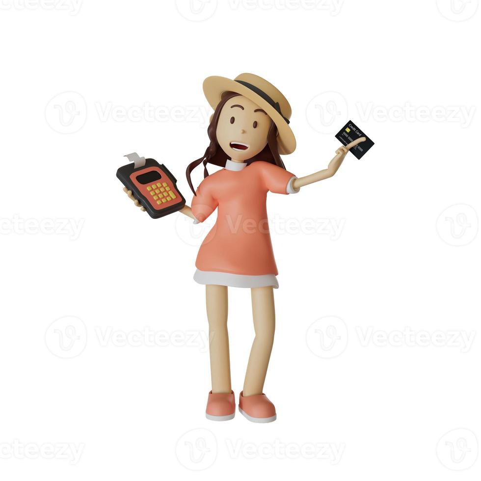 girl wearing a hat and oversized shirt pink .using a credit card swipe machine, pay , bill. on white backdrop .3d render illustration photo