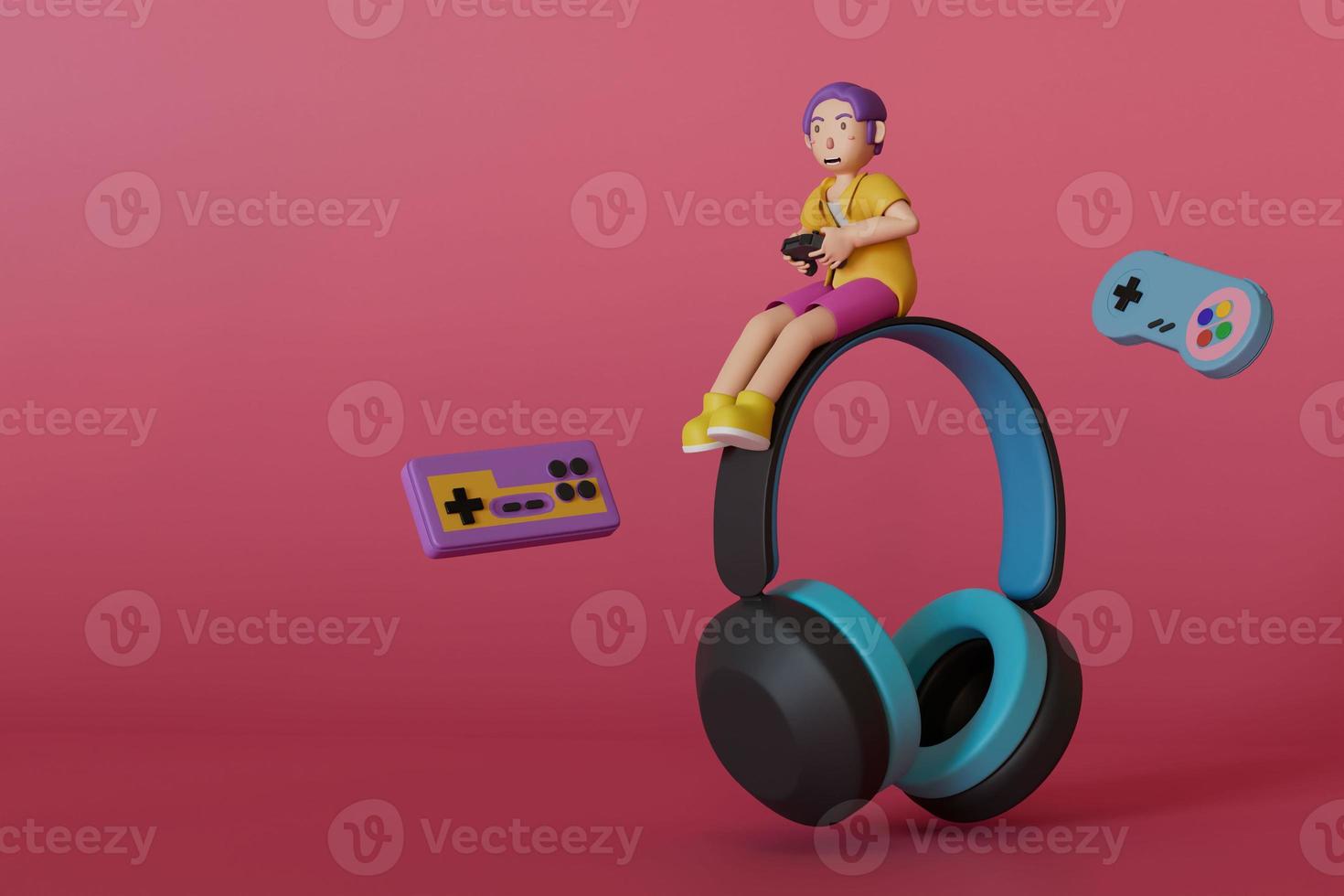 Man in yellow shirt holding gamepad playing game on headphones with game controller floating next to it on pink background. 3D render illustration photo