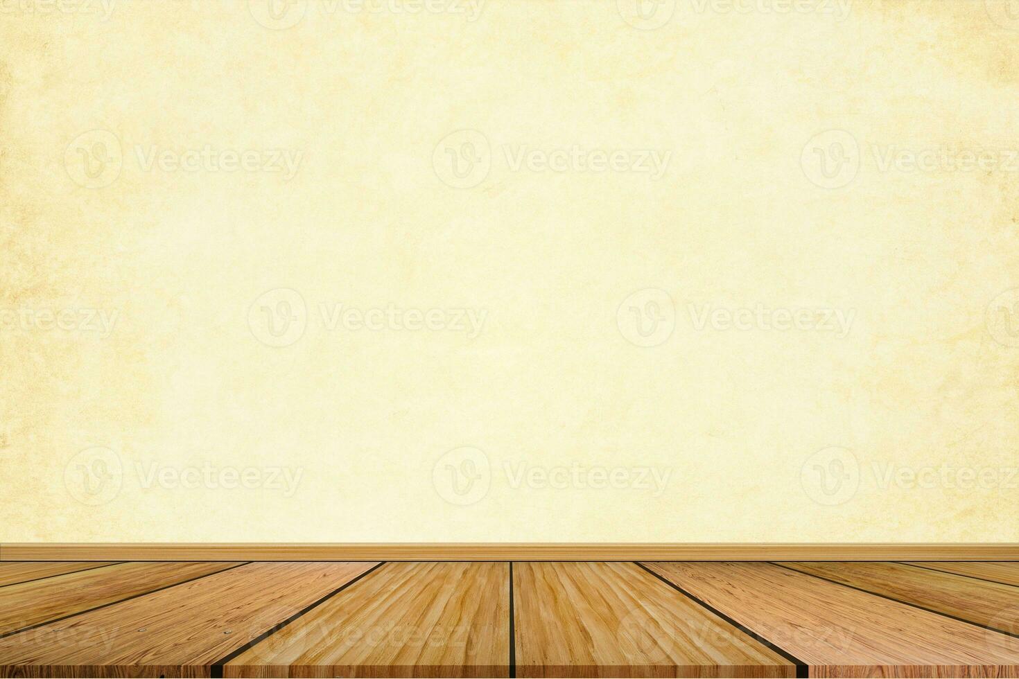 Empty of wooden floor on light yellow pastel color background. For your product display or design. photo