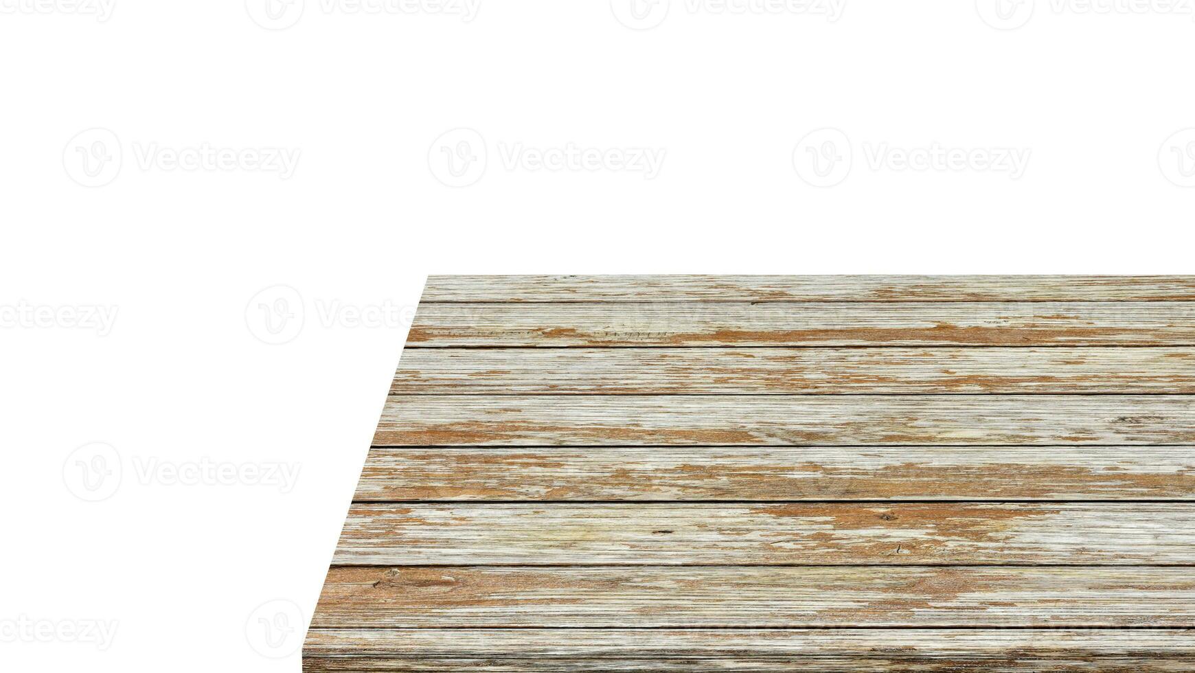 Perspective of wooden or log table corner from top view isolated on white background. photo