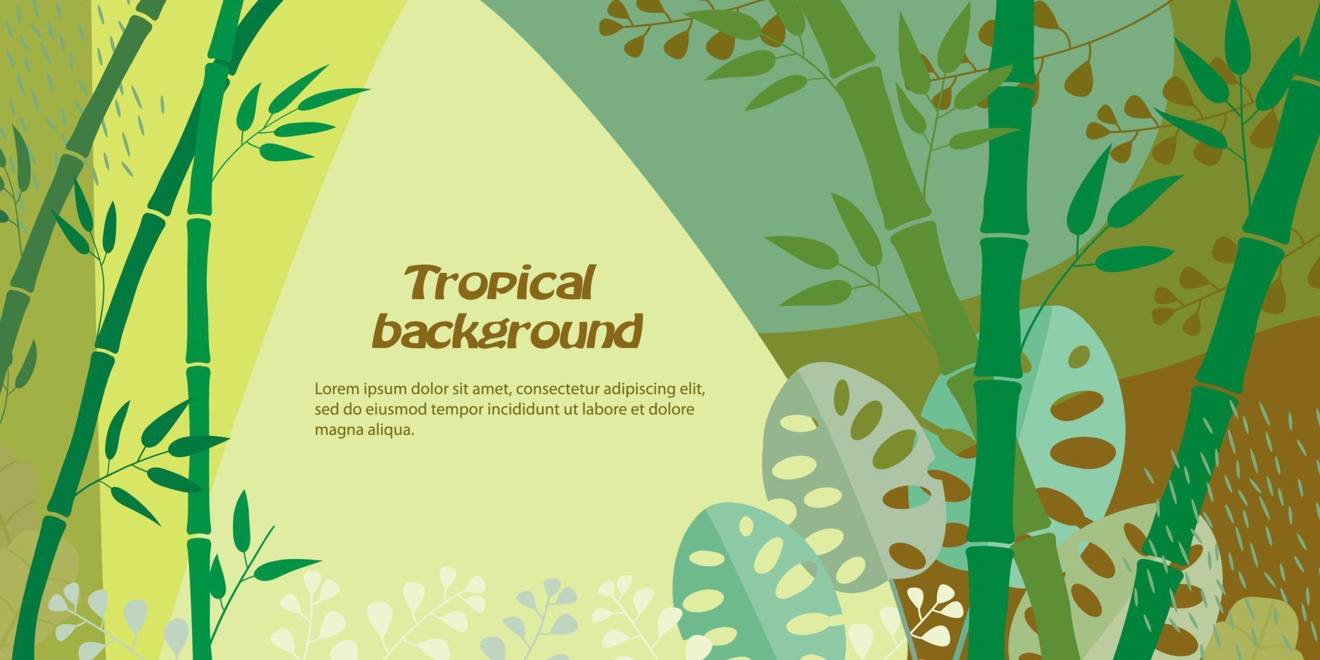 plantilla de volante, portada, pancarta en estilo tropical. selva, tallos de bambú, monstera, follaje exótico. lugar para el texto. ilustración botánica para publicidad. fondo vectorial vector