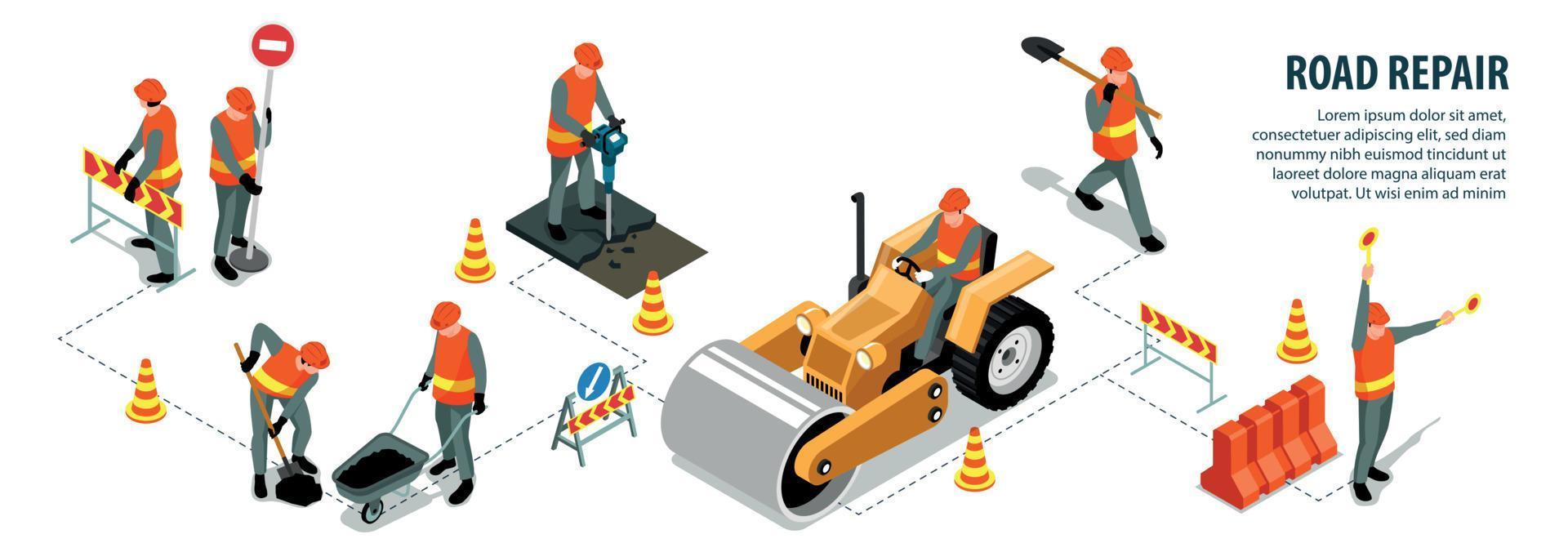 infografía isométrica de reparación de carreteras vector