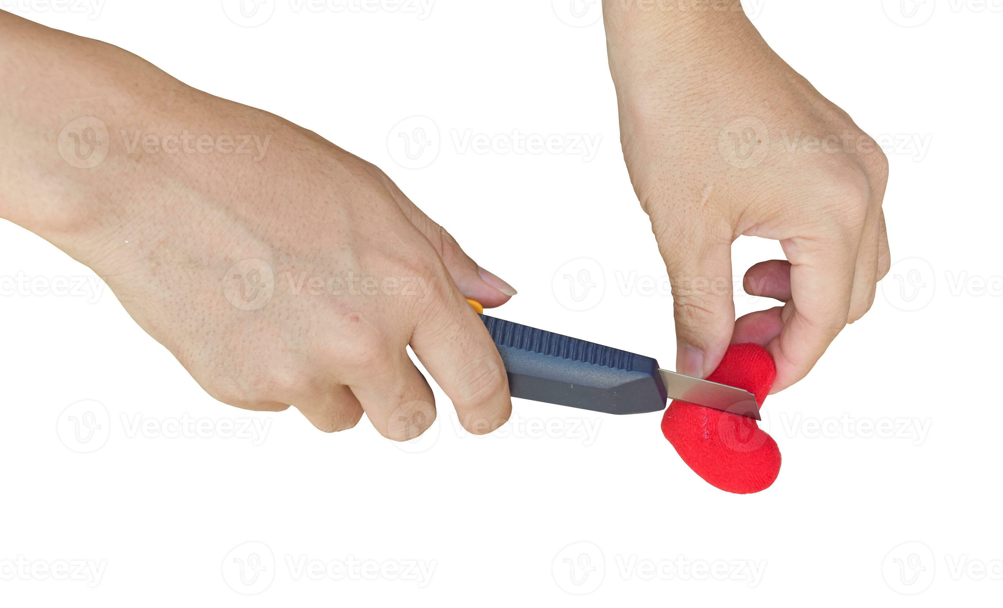 Office paper perforator and hands isolated on white with clippin