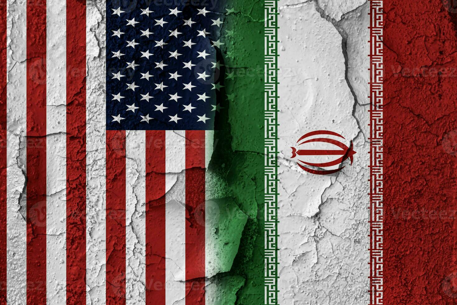 Flag of USA and Iran on cracked concrete wall background. Concept of Conflict between war America vs Iran photo