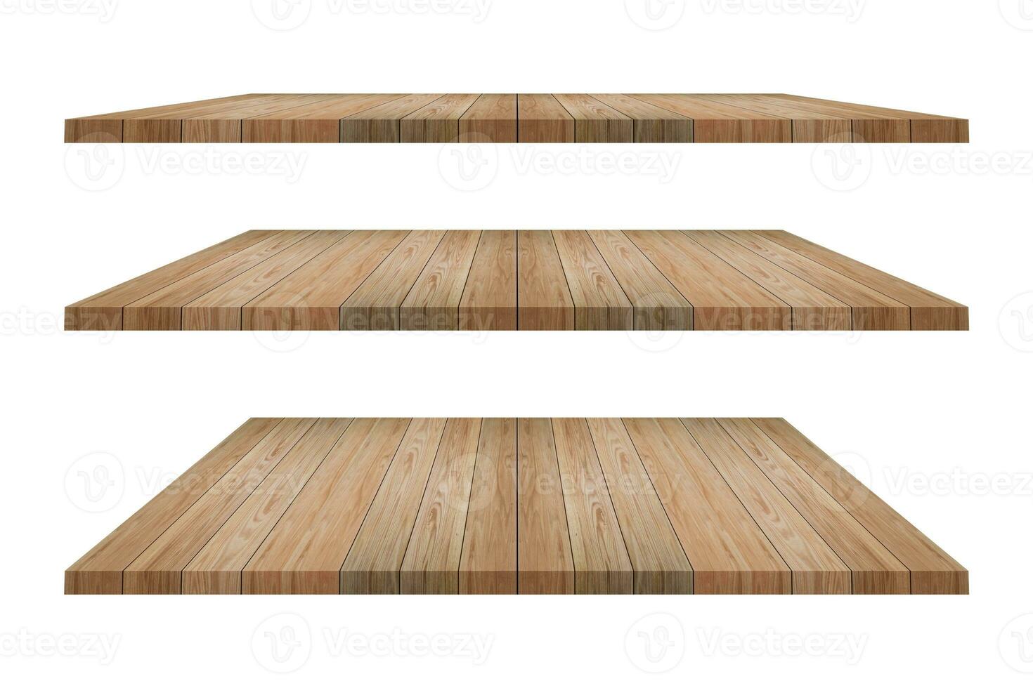 Set of brown wood shelves on isolated white background. Objects with clipping path for design work and decoration photo