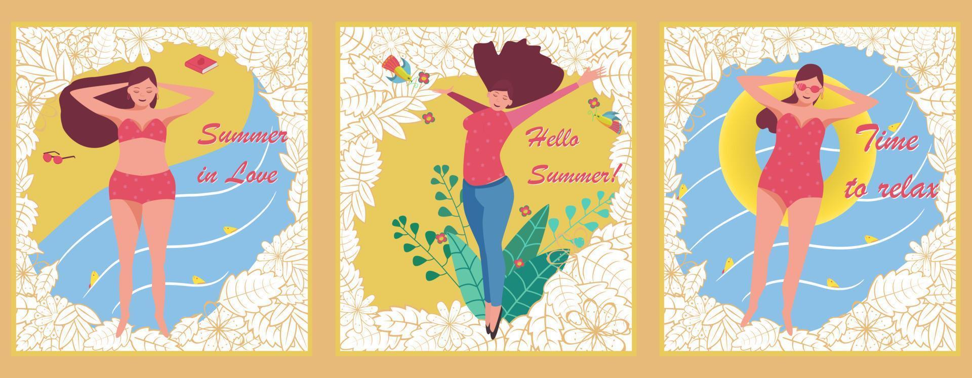 Set of three summer cards. Vector drawing with a beautiful young girl, a little fat, in a red bathing suit. Hello summer. Template elements for design.
